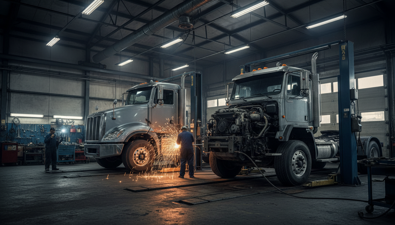 Power Line Fleet repair shop with trucks and welding